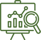 Data analysis icon with chart and magnifying glass.